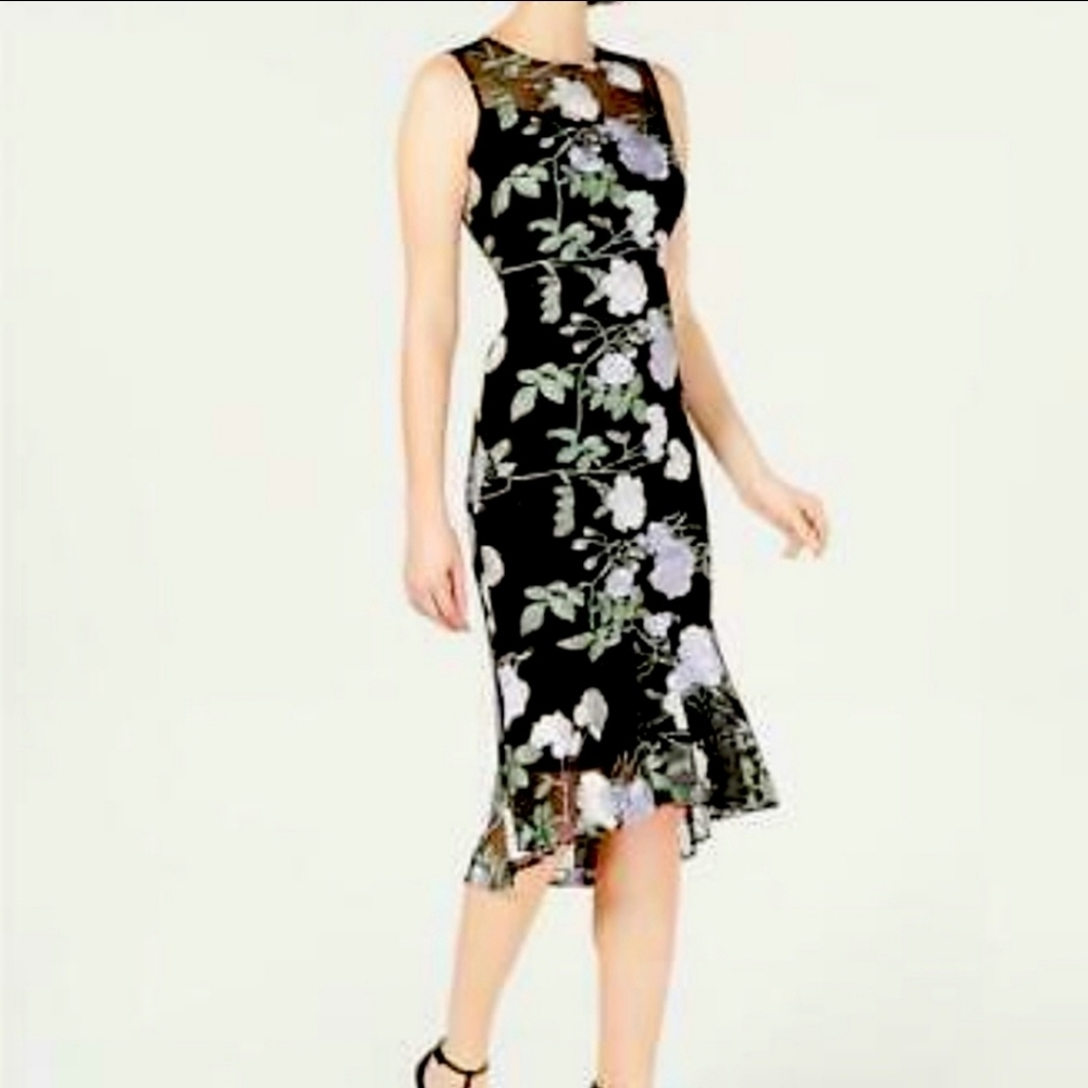 Calvin Klein Womens Black Floral Embroidered Flounce Dress